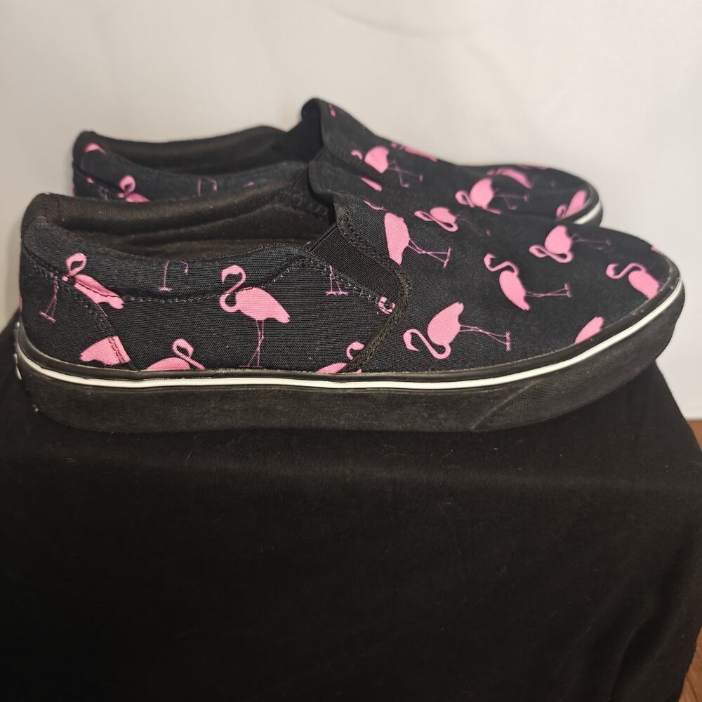 RAAD Shop Mens 10.5 Black Deck Shoes Pink Flamingos canvas Slip On Sneakerso